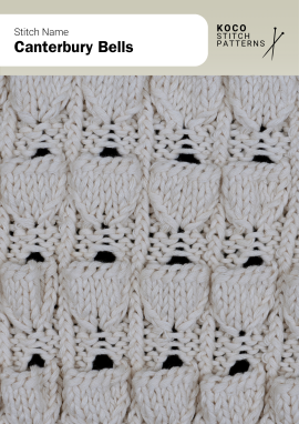 Layered knit motifs form bell-shaped textures reminiscent of blooming flowers perfect for adding graceful detail to decorative knitwear Close-up of the Canterbury Bells handknit stitch pattern showing repeating bell-shaped knit motifs in cream yarn, forming a textured floral design ideal for decorative knitwear and cable stitch projects