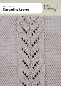 Flowing leaf motifs cascade down the fabric, adding natural movement and elegant texture to classic knit designs Close-up of the Cascading Leaves handknit stitch pattern showing vertical rows of leaf-shaped motifs bordered by smooth stitches in cream yarn, creating a flowing, textured cable and lace design for knitwear projects
