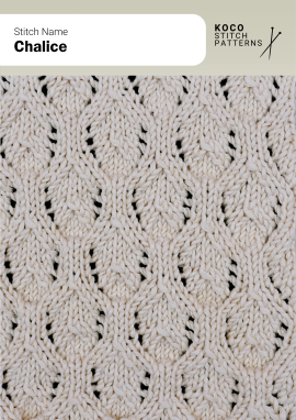 Graceful, cup-shaped motifs form a rhythmic pattern that adds depth and sophistication to textured knitwear Close-up of the Chalice handknit stitch pattern showing repeating cup-shaped motifs framed by soft cables in cream yarn, creating a textured, symmetrical design ideal for knitwear and cable stitch projects
