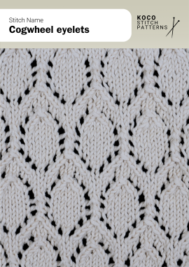 Repeating oval motifs edged with lace eyelets form a bold, gear-like texture with elegant symmetry Close-up of the Cogwheel Eyelets handknit stitch pattern showing oval, cogwheel-shaped motifs outlined with lace eyelets in cream yarn, creating a symmetrical, textured design ideal for lace knitwear and decorative stitch projects