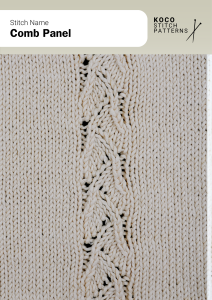Flowing diagonal cables create a comb-like panel that adds subtle movement and definition to classic knits Close-up of the Comb Panel handknit stitch pattern showing diagonal, comb-like cables bordered by smooth stitches in cream yarn, creating a textured panel design ideal for cable knitwear and decorative stitch work