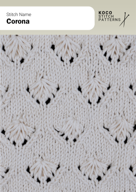 Radiating clusters form crown-like shapes that bring texture and dimension to decorative knits Close-up of the Corona handknit stitch pattern showing gathered fan-shaped clusters forming crown-like motifs in cream yarn, creating a raised, textured design ideal for decorative knitwear and cable stitch projects