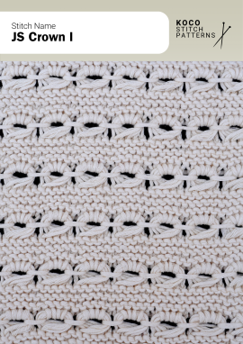 Raised crown like loops and garter style ridges form a distinctive horizontal texture with a sculptural finish. Close up of the JS Crown I handknit stitch pattern in white yarn, showing repeating horizontal bands of raised looped motifs and textured garter style ridges.