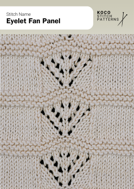 Fan-shaped lace motifs framed by garter ridges create a soft, elegant panel with subtle texture and flow Close-up of the Eyelet Fan Panel handknit stitch pattern showing fan-shaped lace motifs bordered by horizontal garter ridges in cream yarn, creating a textured, airy design ideal for lace knitwear and panelled stitch projects