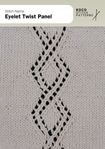 Twisting eyelet lines intersect to form a delicate diamond panel with graceful, open symmetry Close-up of the Eyelet Twist Panel handknit stitch pattern showing intersecting eyelet lines forming stacked diamond motifs in cream yarn, creating a delicate, openwork panel ideal for lace knitwear and decorative stitch projects