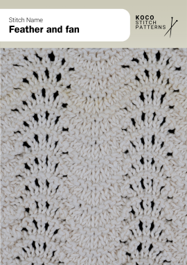 Gentle waves of lace eyelets form the classic feather and fan pattern, creating movement and soft texture Close-up of the Feather and Fan handknit stitch pattern showing wavy rows of lace eyelets and garter ridges in cream yarn, creating a flowing, scalloped texture ideal for lace knitwear and ripple stitch designs