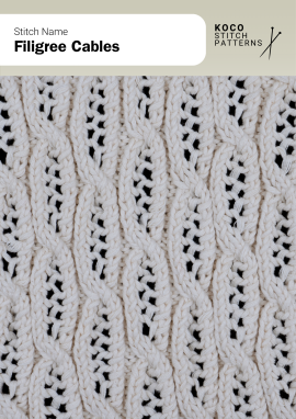 Delicate twisted cables paired with lace columns create a refined, filigree-inspired texture Close-up of the Filigree Cables handknit stitch pattern showing alternating twisted cables and lace eyelet columns in cream yarn, creating a delicate, open-textured design ideal for lace knitwear and cable stitch projects