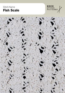 Overlapping lace motifs form a soft, scale-like texture that adds dimension and gentle rhythm to knits Close-up of the Fish Scale handknit stitch pattern showing overlapping lace motifs resembling scales in cream yarn, creating a textured, layered design ideal for lace knitwear and decorative stitch projects