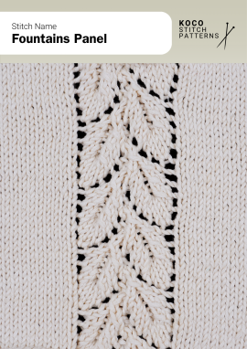 Graceful leaf-like motifs flow upward in a vertical panel, adding natural movement and elegance Close-up of the Fountains Panel handknit stitch pattern showing vertical rows of leaf-like lace motifs bordered by smooth stitches in cream yarn, creating a flowing, elegant panel ideal for lace knitwear and decorative stitch designs