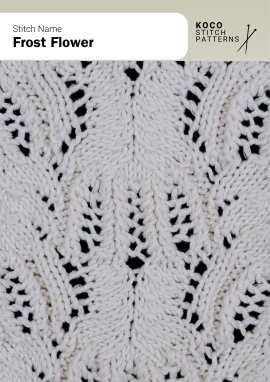 Delicate floral lace motifs emerge like frost patterns, adding texture and elegance to knitted fabric Close-up of the Frost Flower handknit stitch pattern showing vertical lace panels with petal-like floral motifs in cream yarn, creating a delicate, textured design ideal for lace knitwear and decorative stitch projects