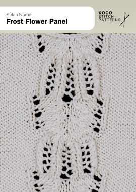Stacked lace petals form an elegant floral column, bringing delicate movement to classic knits Close-up of the Frost Flower Panel handknit stitch pattern showing vertical lace motifs shaped like overlapping petals in cream yarn, creating a delicate, floral panel ideal for lace knitwear and decorative stitch projects