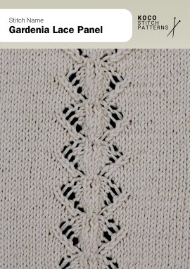 Delicate gardenia-inspired lace motifs form a flowing vertical panel with graceful symmetry Close-up of the Gardenia Lace Panel handknit stitch pattern showing vertical rows of flower-like lace motifs in cream yarn, creating a delicate, symmetrical panel ideal for lace knitwear and decorative stitch projects