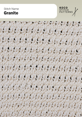 A dense, pebbled texture gives this stitch a sturdy and refined finish, perfect for structured knits Close-up of the Granite handknit stitch pattern showing small, tightly packed textured bumps in cream yarn, creating a dense, pebbled surface ideal for structured knitwear and textured stitch designs