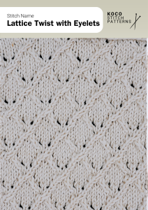 Diagonal cables and lace eyelets intertwine to form a delicate lattice pattern with subtle depth Close-up of the Lattice Twist with Eyelets handknit stitch pattern showing diagonal twisted cables intersected by small lace eyelets in cream yarn, creating a textured lattice design ideal for knitwear and decorative stitch projects
