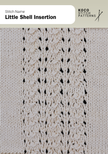 Delicate shell motifs framed by lace eyelets form a decorative vertical panel with gentle texture Close-up of the Little Shell Insertion handknit stitch pattern showing vertical rows of small shell motifs framed by lace eyelets in cream yarn, creating a decorative, textured panel ideal for lace knitwear and detailed stitch designs