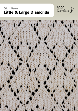 Alternating large and small diamond motifs create a layered lace texture with balanced symmetry Close-up of the Little & Large Diamonds handknit stitch pattern showing alternating large and small diamond lace motifs in cream yarn, creating a textured, geometric design ideal for lace knitwear and decorative stitch projects