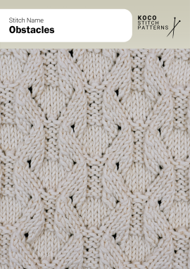 The Obstacles stitch features interwoven cables forming a bold geometric texture, ideal for adding sculptural depth to knitwear designs Close-up of the Obstacles cable stitch knit in light wool, showing interlaced V-shaped cables and raised geometric texture. Handknit cable pattern suited for detailed knitwear and textured knitting projects