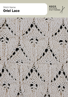 The Oriel Lace stitch features arching lace motifs arranged in elegant symmetry, adding a refined architectural rhythm to the fabric Close-up of the Oriel Lace stitch knit in cream yarn, showing repeating arched lace motifs with open eyelets and textured curves. Handknit lace stitch ideal for shawls, sweaters, and intricate knitwear designs