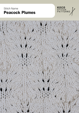 The Peacock Plumes stitch showcases elegant feather-like columns that flow vertically, adding graceful texture and natural movement to the fabric Close-up of the Peacock Plumes stitch knit in cream yarn, showing vertical feather-like lace columns with soft textured curves. Handknit lace pattern ideal for shawls, sweaters, and lightweight decorative knitwear