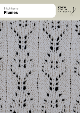 The Plumes stitch showcases vertical lace columns resembling soft feathers, adding elegance and fluidity to any knitted fabric Close-up of the Plumes stitch knit in cream yarn, showing vertical feather-like lace motifs arranged in repeating columns. Handknit lace pattern ideal for shawls, sweaters, and delicate openwork knitwear