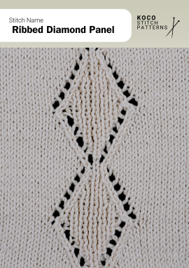 The Ribbed Diamond Panel stitch features vertical diamond motifs framed by lace eyelets, combining structure and delicacy in one design Close-up of the Ribbed Diamond Panel stitch knit in cream yarn, showing vertical ribbed diamonds bordered by lace eyelets. Handknit textured lace stitch ideal for sweaters, shawls, and detailed knitwear projects
