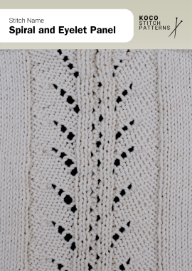 The Spiral and Eyelet Panel stitch combines twisting lace lines with delicate eyelets, forming a graceful vertical motif Close-up of the Spiral and Eyelet Panel stitch knit in cream yarn, showing a vertical lace column with spiraling eyelets framed by smooth knit sections. Handknit lace panel ideal for sweaters, shawls, and decorative knitwear projects