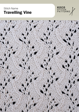 Flowing vine-like cables travel across the fabric, creating an organic lace texture with elegant movement Close-up of the Travelling Vine handknit stitch pattern in white yarn, featuring flowing vine-like cables and delicate eyelet lace motifs
