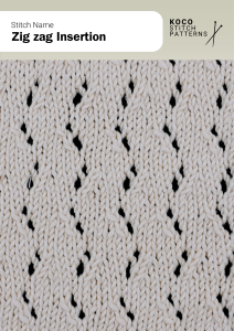 The Zig Zag Insertion stitch features diagonal lace lines that weave back and forth, adding movement and light texture to the fabric Close-up of the Zig Zag Insertion stitch knit in cream yarn, showing diagonal lace lines forming a zigzag openwork pattern. Handknit lace stitch ideal for shawls, sweaters, and lightweight textured knitwear projects