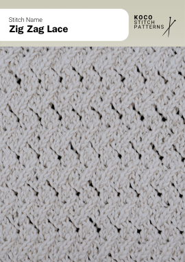 The Zig Zag Lace stitch features continuous diagonal lace lines that create a lively, textured surface with gentle movement Close-up of the Zig Zag Lace stitch knit in cream yarn, showing repeating diagonal lace lines forming a zigzag pattern. Handknit lace stitch ideal for shawls, wraps, and lightweight textured knitwear projects
