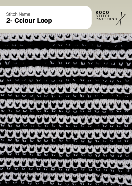 The 2-Colour Loop pattern shows layered horizontal loops in two contrasting shades Close-up of the 2-Colour Loop pattern in black and white yarn, featuring horizontal rows of textured loops forming a striped effect