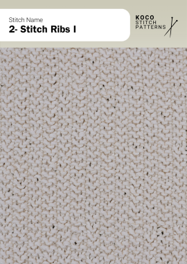 The 2-Stitch Ribs I pattern features fine vertical ribs that give a neat, stretchy texture Close-up of the 2-Stitch Ribs I pattern in cream yarn, showing narrow vertical rib lines with soft texture and stretch