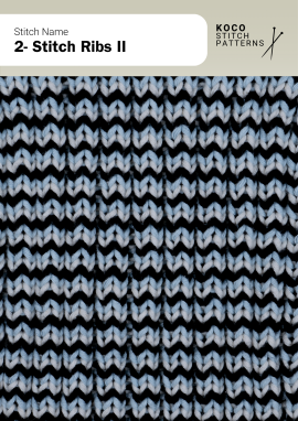 The 2-Stitch Ribs II pattern forms neat vertical ribs with subtle two-tone contrast Close-up of the 2-Stitch Ribs II pattern in blue and black yarn, showing vertical ribbed columns with alternating colors