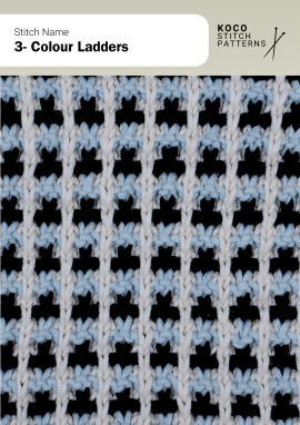 The 3-Colour Ladders pattern uses three yarn shades to form open, ladder-like stripes Close-up of the 3-Colour Ladders stitch in blue, white, and black yarn, showing vertical ladder-like stripes with openwork spaces