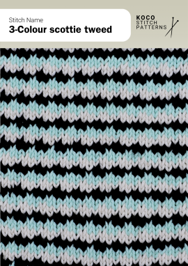 The 3-Colour Scottie Tweed pattern blends three hues in small, repeating textured stripes Close-up of the 3-Colour Scottie Tweed stitch in black, white, and light blue yarn, showing narrow horizontal stripes with a tweed texture
