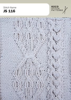 A bow-like cable motif and raised bobbles create a charming textured design. White yarn swatch showing JS 116 stitch with a bow-like cable motif and raised bobbles.