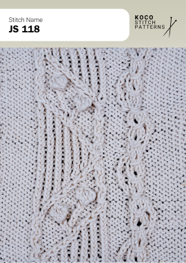 Twisted cable columns and raised bobbles create a playful, textured panel. White yarn swatch showing JS 118 stitch with twisted cables and raised bobble details.