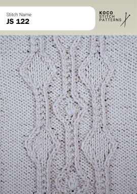 Layered cable lines create a central textured motif with a classic finish. White yarn swatch showing JS 122 stitch with interlocking cable motifs.