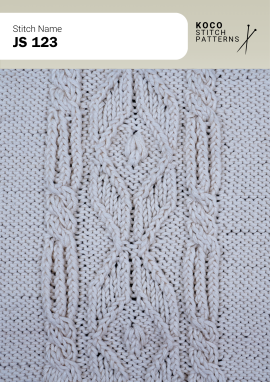 Twisting cable motifs create a balanced, decorative panel with subtle depth. White yarn swatch showing JS 123 stitch with repeating twisted cable motifs.