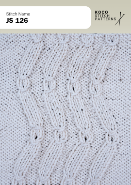 Repeating narrow cable columns create a classic, refined knit texture. White yarn swatch showing JS 126 stitch with repeating narrow cable columns.