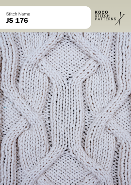 Large diagonal cables form bold diamond panels with a structured, graphic look. White yarn swatch showing JS 176 stitch with large intersecting diamond cable panels.