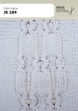 Large looping cables create a bold, sculptural pattern with soft texture. White yarn swatch showing JS 184 stitch with large looping cable motifs.
