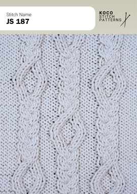 Flowing braided cables form a classic, richly textured vertical design. White yarn swatch showing JS 187 stitch with wide braided cable columns.