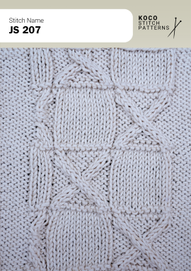 Diagonal cables frame clean stockinette panels for a modern, structured finish. White yarn swatch showing JS 207 stitch with diagonal cables framing stockinette panels.