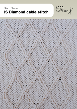 Classic diamond-shaped cables create a bold, structured texture with timeless handknit appeal Close up of the JS Diamond Cable Stitch in white yarn, featuring large repeating diamond-shaped cable motifs and textured knit stitches