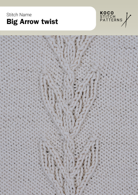 The Big Arrow Twist stitch features bold, twisting arrow shapes that add strong vertical definition Close-up of the Big Arrow Twist stitch in cream yarn, showing large arrow-shaped cable motifs arranged vertically