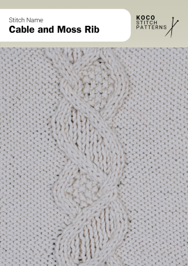 The Cable and Moss Rib stitch blends twisting cables with textured moss panels for rich contrast Close-up of the Cable and Moss Rib stitch in cream yarn, showing twisted cables bordered by moss stitch texture for handknit sweaters or scarves