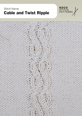 The Cable and Twist Ripple stitch features fluid, interwoven cables that create a soft rippling texture Close-up of the Cable and Twist Ripple stitch in cream yarn, showing interwoven twisting cables creating a rippled handknit texture