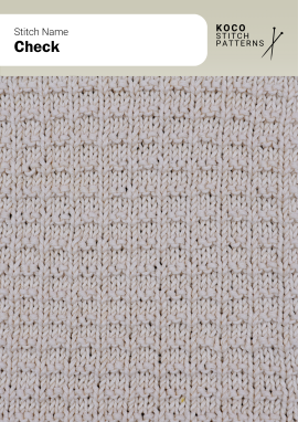 The Check stitch creates a tidy grid of small squares for a classic, textured look Close-up of the Check stitch in cream yarn, showing an even grid of small textured squares in a knit and purl pattern
