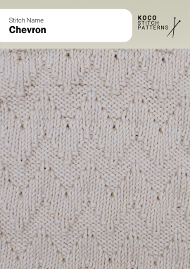 The Chevron stitch features a bold zigzag pattern that adds rhythmic movement and visual structure to knitted fabric Close-up of the Chevron stitch knit in cream yarn, showing repeating V-shaped zigzag lines with textured ridges. Handknit geometric stitch ideal for blankets, sweaters, and chevron-patterned knitwear projects