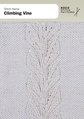 The Climbing Vine stitch features delicate leaf motifs that flow upward in a graceful vertical panel Close-up of the Climbing Vine stitch in cream yarn, showing vertical leaf motifs resembling a vine pattern